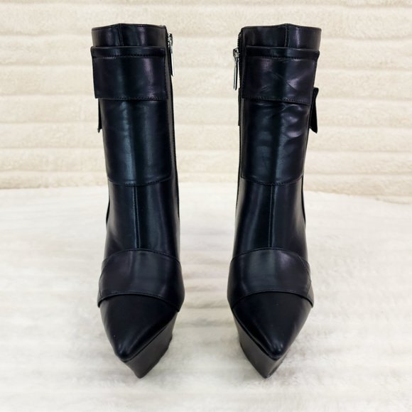 Kinder Pointy Toe Platform Stiletto Heel Ankle Boots Black Vegan Leather - Picture 7 of 9